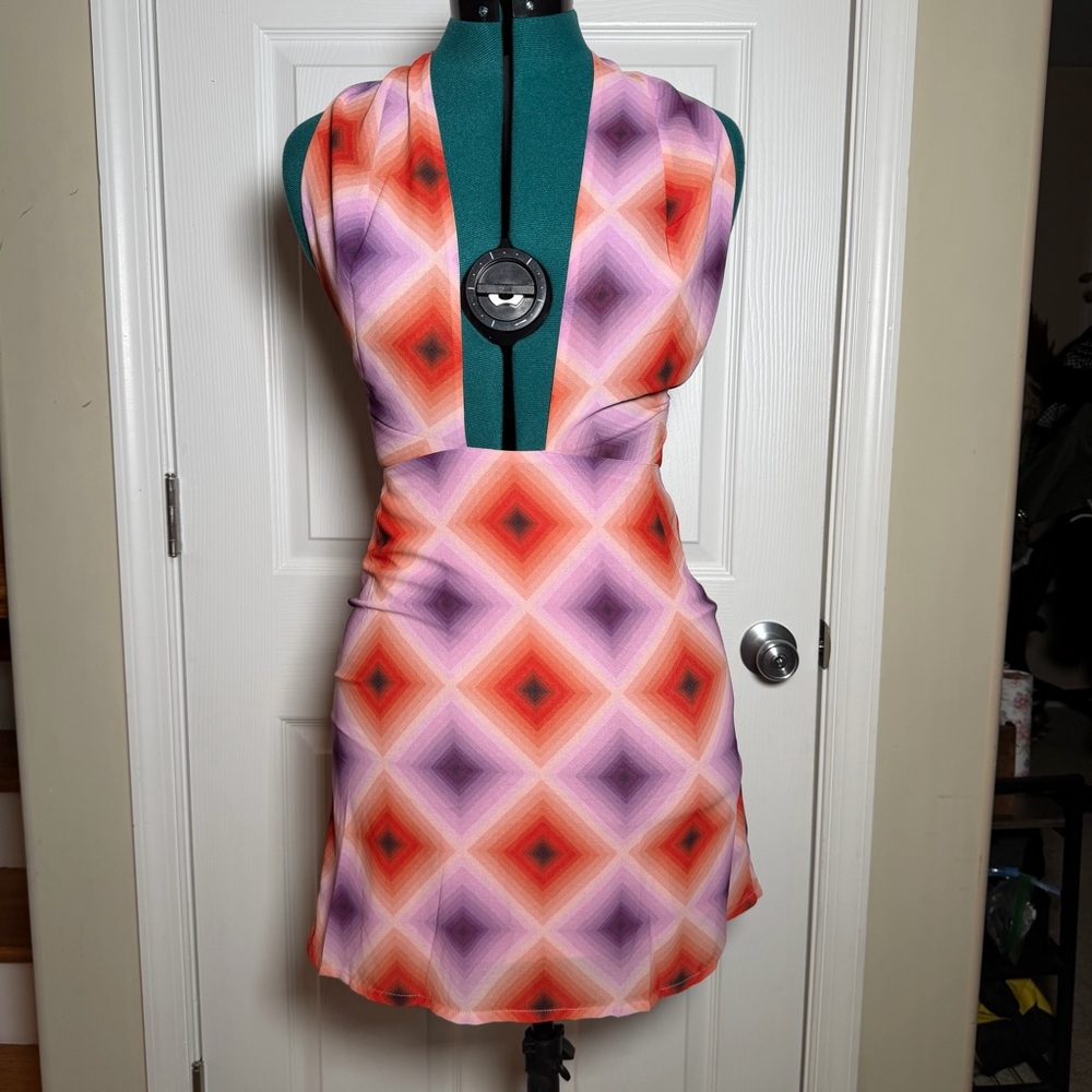 70s Inspired Sexy Summer Club Festival Halter Mini Dress Pink, Orange & Purple